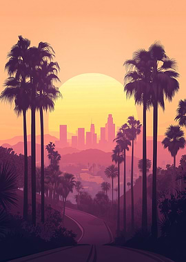 Sunset USA America California Los Angeles Cityscape with Palm Trees