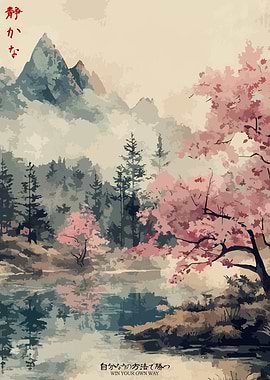 Vintage Cherry Blossom Landscape View