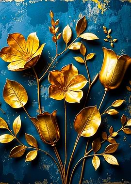Metal Art with Detailed Golden Leaves and Flowers