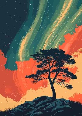 Tree Under Aurora Borealis Minimalist Art
