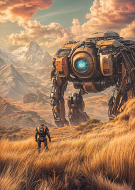 Giant Mech in Mountain Landscape