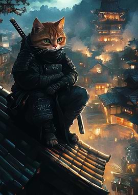 Cat Samurai in Japanese City