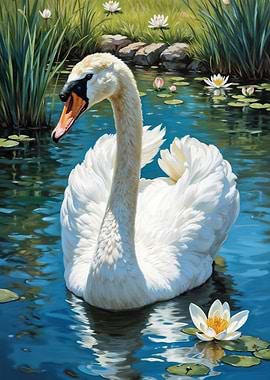 White Swan in Pond