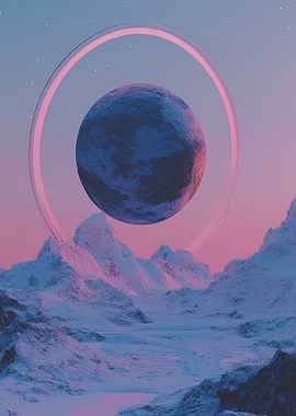 Orb of Serenity: Surreal Cosmic Sphere Amid Twilight Peaks