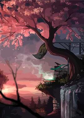 Fantasy Landscape with Waterfall