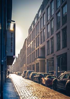 Cobblestone Street with Theater Sign