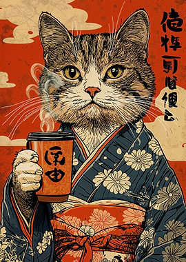 Cat in Kimono with Coffee