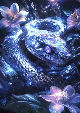 Blue Serpent with Flowers