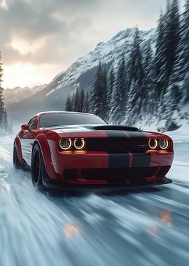 Red Dodge Challenger in Snow
