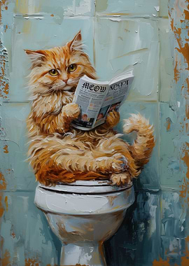 Cat Reading Newspaper on Toilet