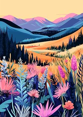 Alaskan Mountain Meadow Flowers Minimalist Art