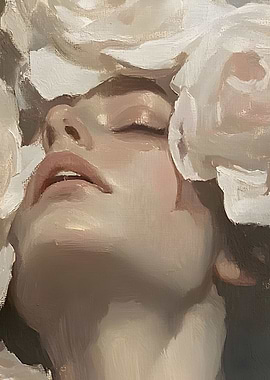 Dreamy Serenity Romantic Oil Painting Portrait of a Woman with Flowers