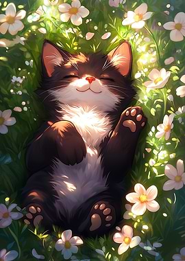 Sleepy Cat in Flowers