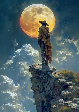 Lone Figure Under Giant Moon