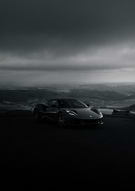 Lotus Emira Sports Car on Hilltop Black & White