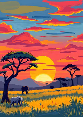 African Sunset with Elephants
