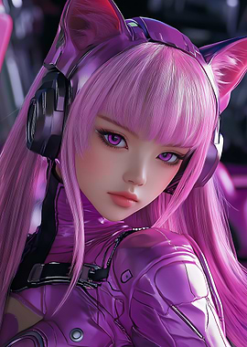 Pink Catgirl in Cyberpunk Gear