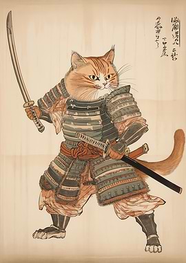 Samurai Cat Print - Japanese Samourai cat