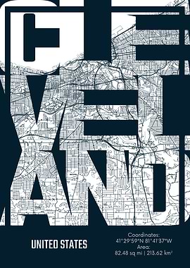 Cleveland City Map Typography