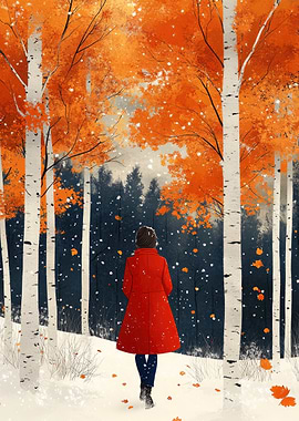 Woman in Red Coat in Snowy Forest