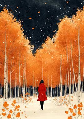 Woman in Red Coat in Snowy Forest