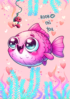 Hooked On You Fish Cute Valentines Poster