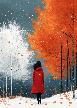 Woman in Red Coat, Winter Forest