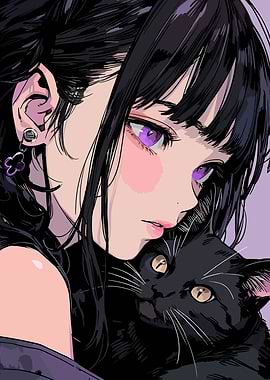 Anime Girl with Black Cat