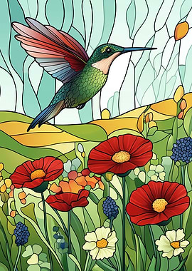 Hummingbird in Flower Garden