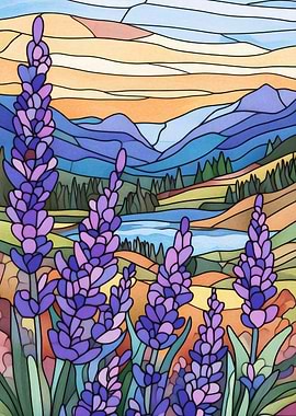 Stained Glass Mountain Landscape
