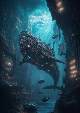 Underwater Cityscape with Whale Ship