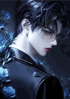 Anime Boy with Blue Roses