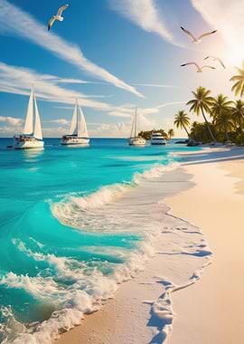 Tropical Beach with Sailboats