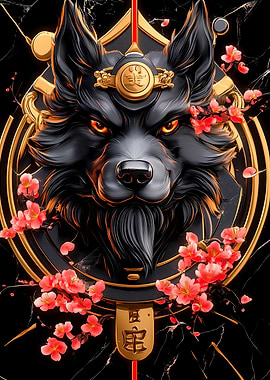 Black Schnauzer Dog with Cherry Blossoms