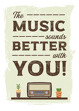 Vintage radio with music related message.