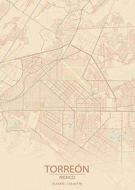 Torreon Mexico Vintage Style City Map