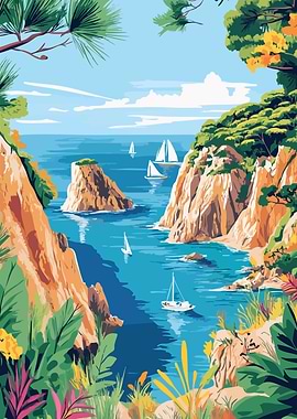 Coastal Beach Landscape with Sailboats