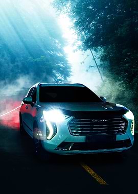 White SUV on a Foggy Road