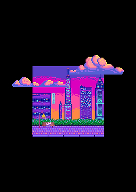Pixelated Cityscape Sunset