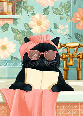 Cat in a Bath with Book