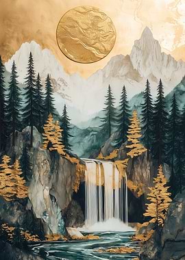 Golden Waterfall Landscape Turquoise River & Golden Forest