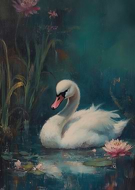 White Swan in Pond