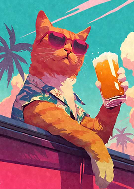 80s Retro Orange Cat with Beer