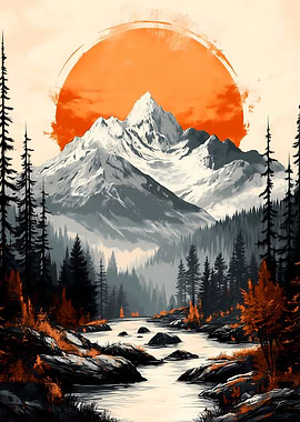 Vintage Mountain Sunset Landscape