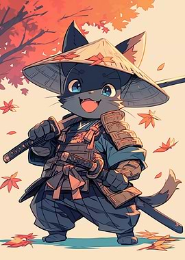 Cat Samurai Illustration - Japanese room