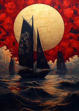 Sailing Under a Golden Moon Japanese Landscape