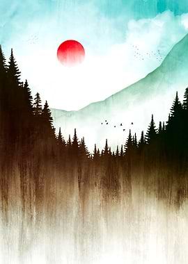 Watercolor Mountain Sunset