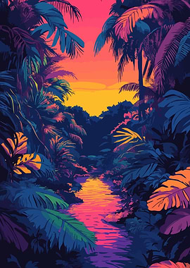 Tropical Jungle Sunset River Retro