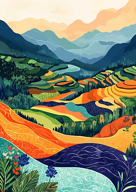 Rice Paddies Asian Landscape Art