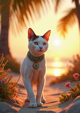 Elegant White Cat at Sunset Beach – Tropical Feline Art